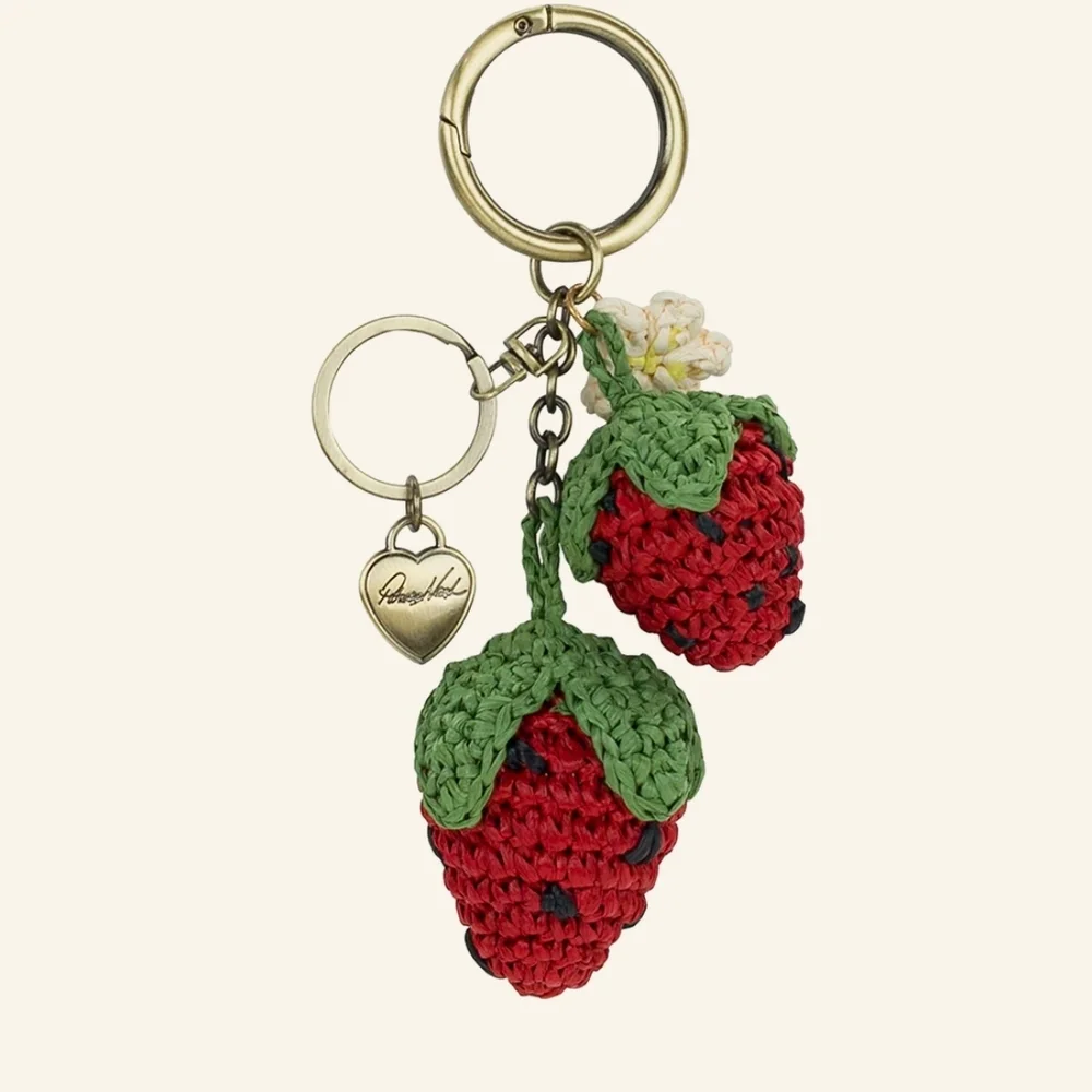 Patricia Nash Red & Green Crochet Strawberry Keychain/Bag Charm NWT